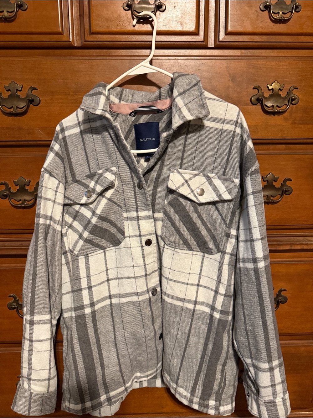 Nautica Gray and White Plaid Utility Shacket